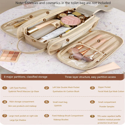 Travel Toiletry Bag for Women PU Triple-layer Double Zipper Toiletry Bags,Toiletries bag Women Waterproof with Handle Stowable Brushes, Toiletries Makeup for Business Trips Camping Bathroom Beige