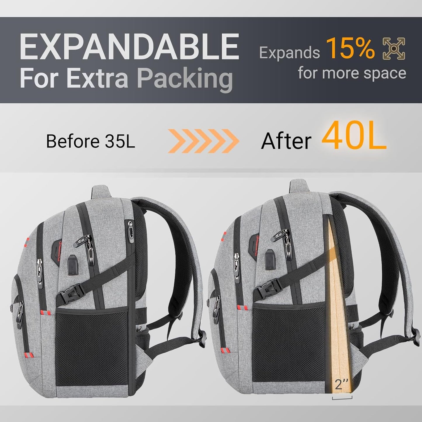 40L Expandable Laptop Backpack, Anti-thief Travel Backpack with USB Charging Port, Airline Approved Business Waterproof Carry on Luggage, Fits 15.6" Laptop for Men Women