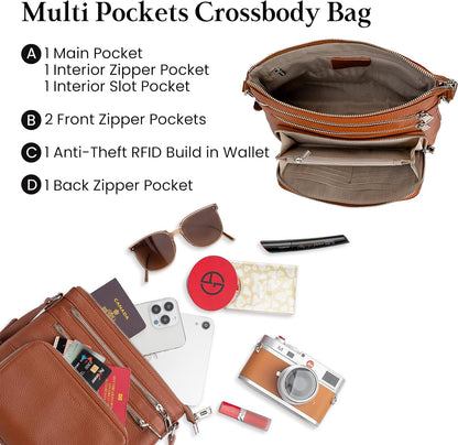 befen Genuine Leather Crossbody Bags for Women, Lightweight Medium Anti-Theft Shoulder Purse with Built in RFID Wallet
