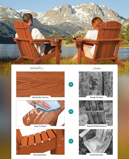 SERWALL Adirondack Chair with Cup Holders - Composite Adirondack Chairs Set of 2 HDPE Outdoor Chairs All Weather Use- Orange
