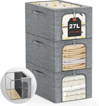 GoMaihe Clothes Storage Bins Metal Frame: 3-Pack Compact Stackable Closet Storage Bin with Lid & Clear Window, Space Saving Organizer for Sweaters Kids Clothes (Dorm/Closet 27L)