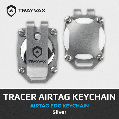 Trayvax Tracer Apple Airtag Keychain, Stainless Steel Air Tag Holder Key Chain with Pocket Clip, and Lanyard Hole, Silver