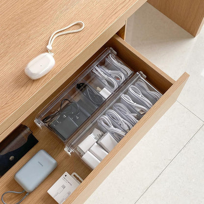 Yesesion Plastic Cable Organizer Box with 7 Compartments, Clear Cords Storage Case for Desk Drawer Accessories, Phone Charger, Art Crafts, Stationery Holder for Marker Pen, Pencils, Crayons