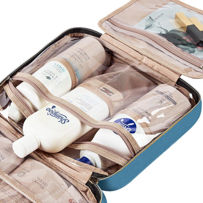 NISHEL Travel Toiletry Bag for women, Portable Hanging Organizer for Full-Sized Shampoo, Conditioner, Brushes Set, Makeup Accessories, Large Size, Lake-Blue