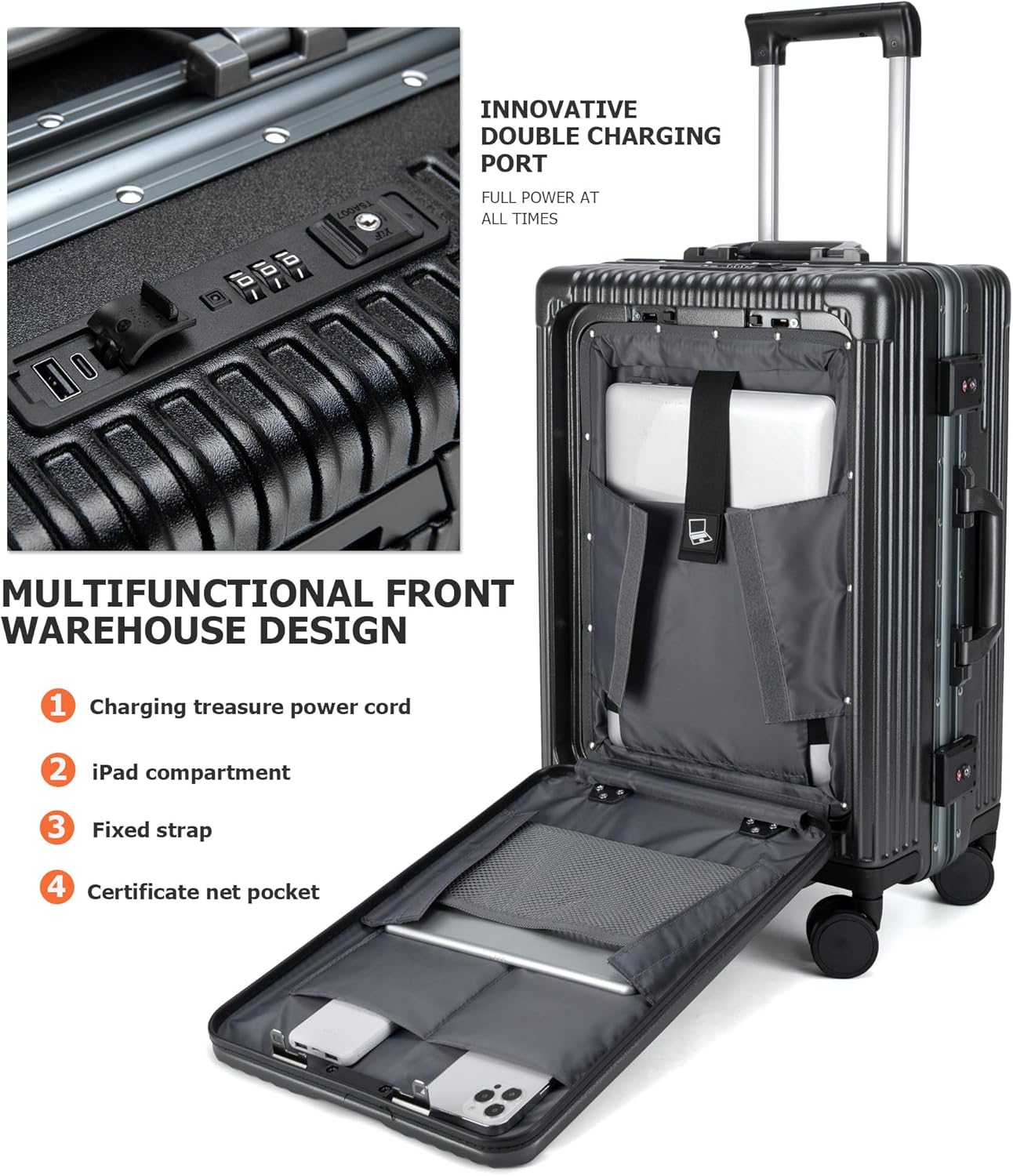 feilario 24in Aluminium Frame PC Hard Shell Spinner Wheels Luggage, Built-In TSA lock Carry on Suitcase, with Cup Holder, USB Port, Phone Holder