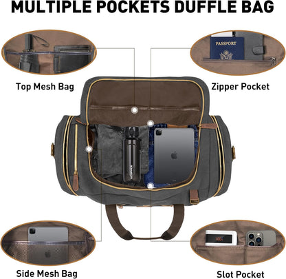 60L Travel Bags for Men, Nomad Canvas Duffle Bag Vintage Genuine Leather Travel Duffel Bag Multifunctional Weekender Overnight Backpack with Shoes Compartment (Black, X Large-60L)