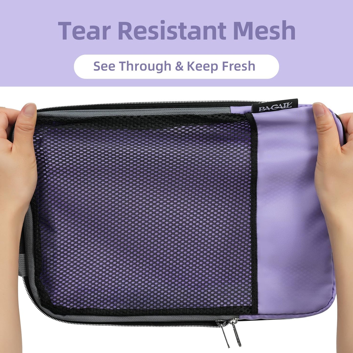 BAGAIL 4 Set/6 Set/8 Set Compression Packing Cubes Travel Accessories Expandable Packing Organizers (Half Mesh, 6-Lavender)