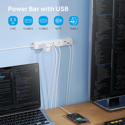 TROND Surge Protector Power Strip with USB, Ultra Thin Flat Plug 10ft Long Extension Cord 1625W, 3 USB A & 1 Type C, 4 AC Outlets 1440J Surge Protection Wall Mount for Home Office Dorm Room, White