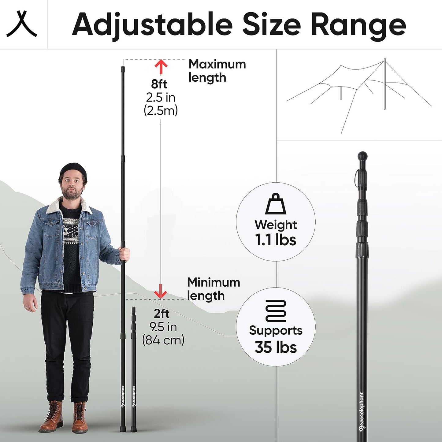 Green Elephant Camping Tarp Poles - Adjustable Aluminum Telescoping Tent Poles for Tarps, Canopy & Awning - Heavy Duty Collapsible Pole Set of 2 - Extends 8ft 2.8 in, Shrinks to 2ft 9.5 in.