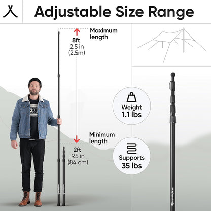 Green Elephant Camping Tarp Poles - Adjustable Aluminum Telescoping Tent Poles for Tarps, Canopy & Awning - Heavy Duty Collapsible Pole Set of 2 - Extends 8ft 2.8 in, Shrinks to 2ft 9.5 in.