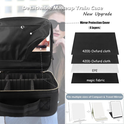 MOMIRA Travel Makeup Bag Cosmetic Bag Makeup Organizer Bag with Lighted Mirror, Adjustable Brightness in 3 Color Scenarios, Waterproof Makeup Train Case, Gift for Women - Woven black