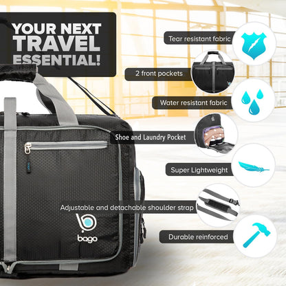 Bago Foldable Duffel Bags for Traveling Women & Men - 40L Sports Packable Duffle Bag for Travel with Shoe Compartment - Water Repellant, Heavy Duty, Lightweight Folding & Collapsible (Black)