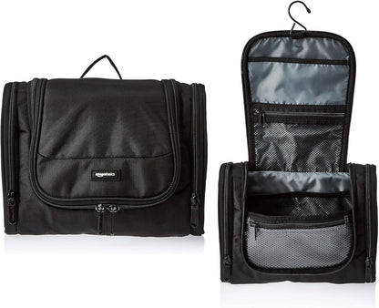 Amazon Basics Travel Toiletry Bag for Men and Women, Hanging Toiletry Bag, Dopp Kit with 2 Side Pockets, Multiple Interior Pockets, Durable 1680D Polyester, Handles Bathroom Spills/Splashes, Black