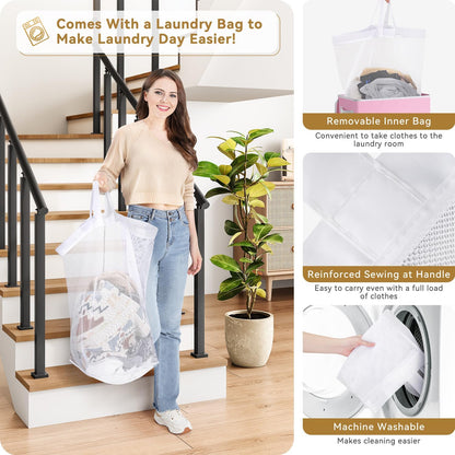 SOLEDI Slim Laundry Hamper with Lid, Narrow Laundry Basket with Removable Bags, Dirty Clothes Hamper with handle, Small Hamper perfect for Laundry room, Bathroom, Bedroom, Small spaces. 70L Pink
