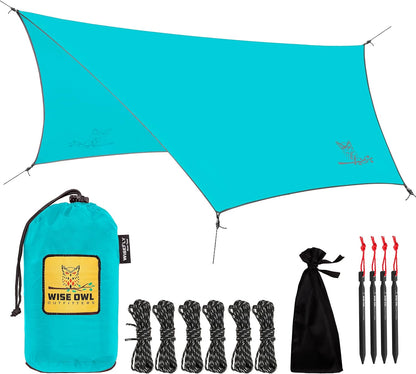 Wise Owl Outfitters Hammock Rain Fly – Waterproof Camping Tarp Cover with Tent Stakes & Carry Bag, Ultralight Shelter for Backpacking & Outdoor Shade