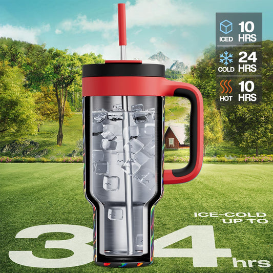 POWCAN 40 oz Tumbler with Handle, 2-in-1 Straw and Sip Lid, Leakproof, Dishwasher Safe, Insulated Stainless Steel Travel Coffee Mug, Keeps Cold for 34 Hours, Fits in Car Cup Holder (Rainbow Whiskers)