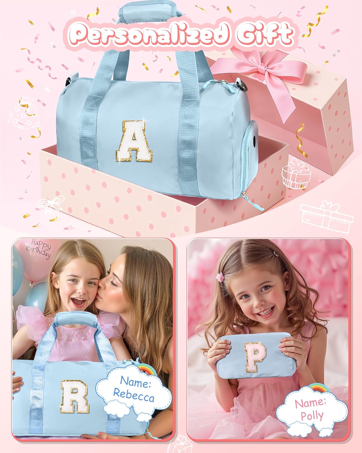 Birthday Gifts for 3 4 5 6 7 8 9 10 11 12 Year Old Girls-Girl Gym Bag with Shoe Compartment, Kid Personalized Weekender Ballet Bags, Initial Travel Tote with Makeup Pouch (Letter B)