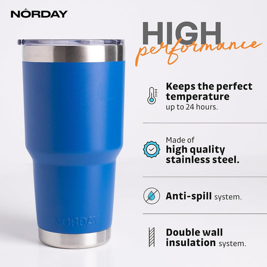 NORDAY | Tumbler with Lid - 30oz - Blue Insulated Tumbler - Stainless Steel Tumblers - Double Wall Vacuum Insulated Travel Coffee Mug for Car Cup Holder - Keeps Temperature for 24hr - Anti Spill Lid