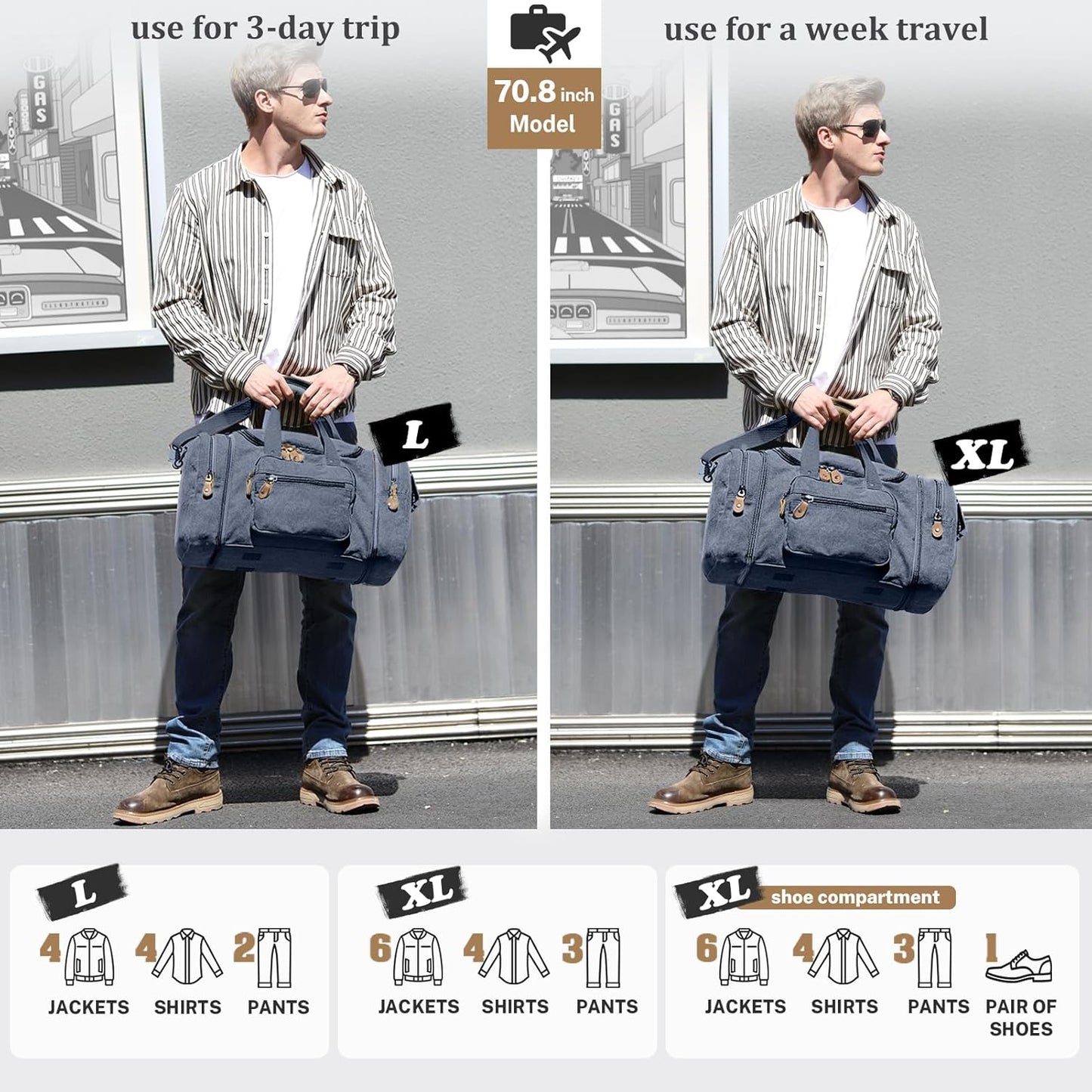 Gonex Canvas Duffle Bag for Travel 60L Expandable Duffel Weekend Overnight Bag men (Denim Blue)