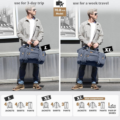 Gonex Canvas Duffle Bag for Travel 60L Expandable Duffel Weekend Overnight Bag men (Denim Blue)