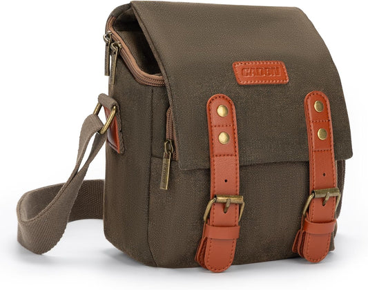 CADeN Compact Camera Bag Case Canvas Leather Trim Compatible for Nikon, Canon, Sony Mirrorless Camera and Lenses Waterproof, Camera Shoulder Messenger Bag (Small 1.0 Brown)