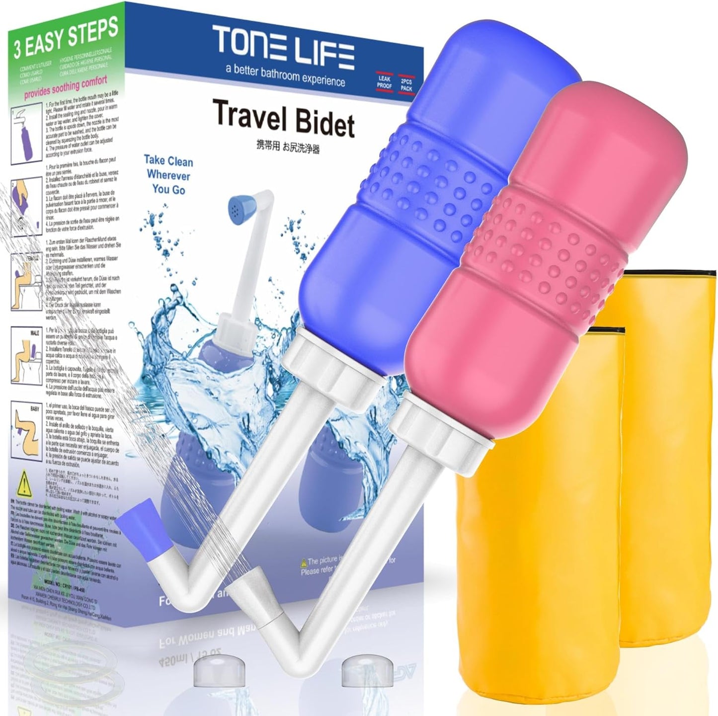 2PCS Pink+Blue Portable Bidets +Water Seal Cap - 15oz Peri Bottle for Postpartum Perineal Care- Baby Travel Bathing kit, Travel Bidet Bottle - 450ml Portable Bidet for Birth Tears, Hemorrhoids, Pain