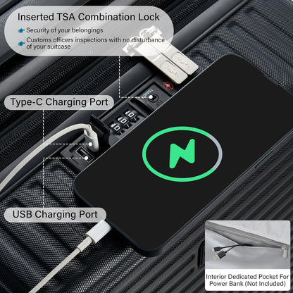 28 Inch Luggage Hard Shell Suitcases, Expandable Travel Checked Luggage 28 Inch, Large Check In Luggage with Spinner Wheels Cup Holder Charger Built in Lightweight Suitcase, Black