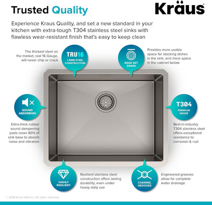 KRAUS Standart PRO™ 23-inch 16 Gauge Undermount Single Bowl Stainless Steel Kitchen Sink with WasteGuard™ Continuous Feed Garbage Disposal, KHU101-23-100-75MB