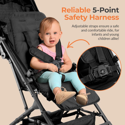 Jovial Lightweight Travel Baby Stroller - One-Hand Folding Compact Stroller with Multi-Position Reclining System - Retractable Sun Canopy, Extra-Large Storage Basket - Includes Airplane Storage Bag