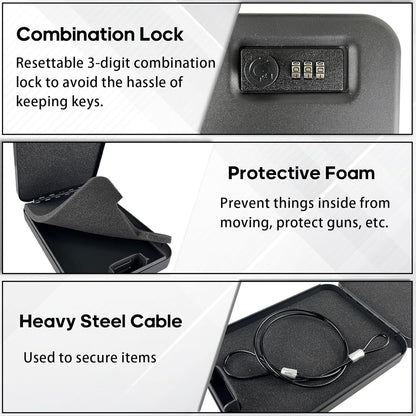 Small Gun Safe - Portable Gun Lock Box for Car with Resettable Combination Lock, Heavy-Duty Alloy Steel Handgun Lock Box, Foam Padding, Security Cable - Ideal for Travel & Home