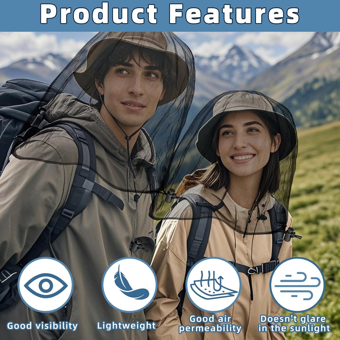 Oversized Mosquito Net 42 x 25 Inches Ultra Large Mosquito Head Net Face Neck Fly Mesh Netting Fits All Hats for Outdoor Camping Hiking Fishing Gardening Safari(Black)