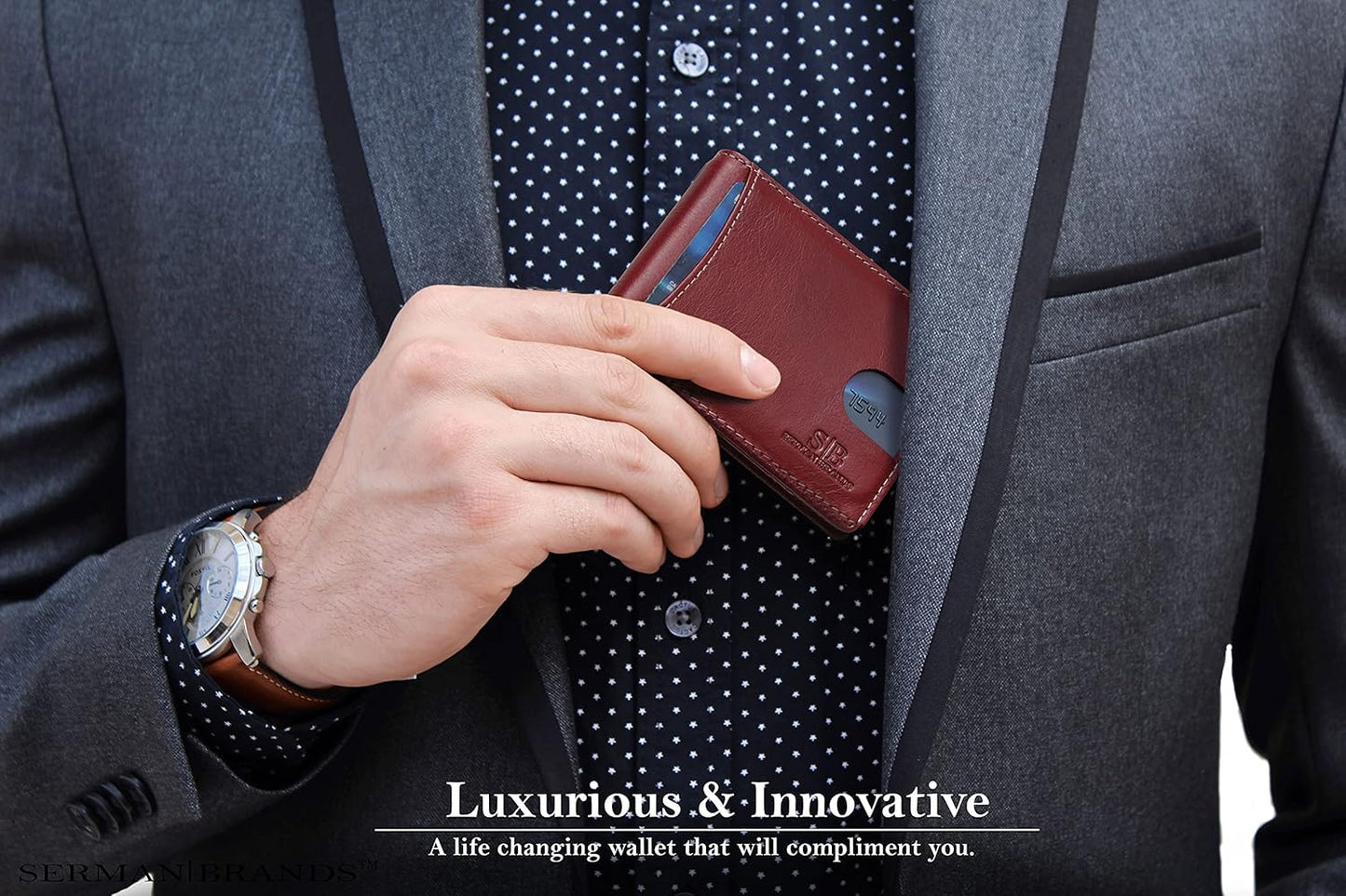 SERMAN BRANDS RFID Blocking Slim Bifold Genuine Leather Minimalist Front Pocket Wallets for Men with Money Clip Thin Mens