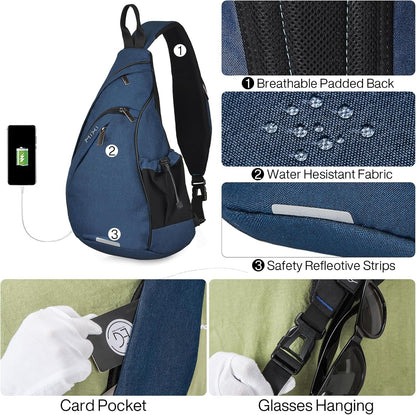 mixi Sling Bag Men Backpack Unisex One Shoulder Bag Hiking Travel Backpack Crossbody with USB Port for Men Women Versatile Casual Daypack-19 inch,Dark Blue