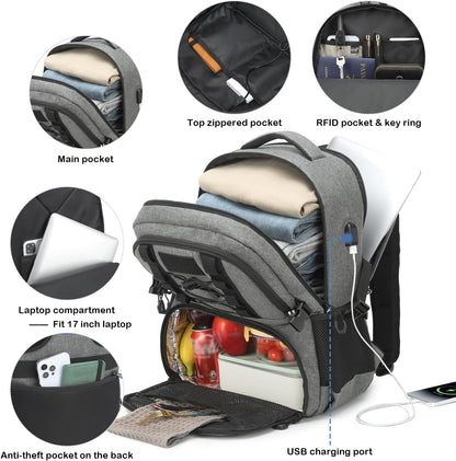 Laptop Lunch Backpack for Men - 40L Large Capacity Work Backpack with Lunch Compartment and USB Post, RFID Insulated Cooler Backpack for Work, Travel, Picnic, Black+Gray