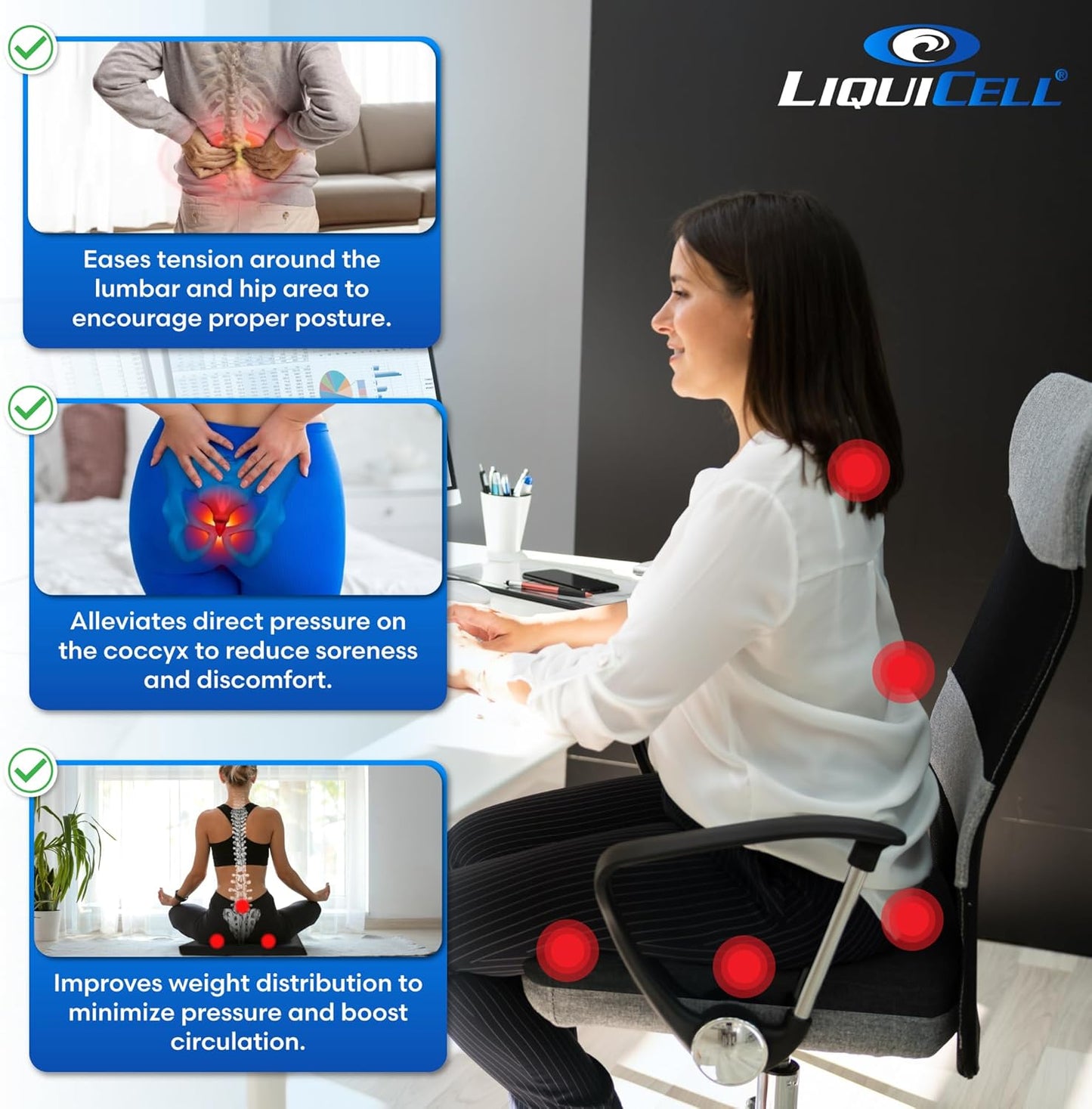 LiquiCell Coccyx Seat Cushion, Aid for Tailbone Pain Relief, Sciatica Pain, Back Support | Donut Like Butt Pillow for Long Hours Sitting at Home/Office Chair (18" W x 17" L x 2" H)