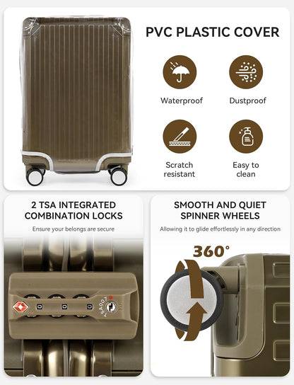Mvst Luggage Premium All Aluminum Magnesium Carry On 20'' Lightweight Metal,Suitcase with Spinner Wheels Built-in Toiletry Set, Luggage Protector（silvery） (Brown, 20inch)