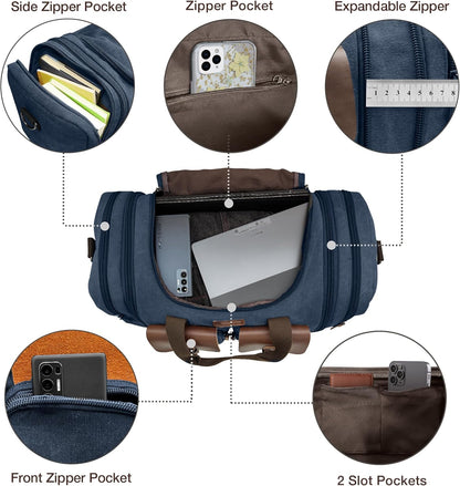 Wildroad 50L Travel Duffel Bag, Expandable Canvas Genuine Leather Duffle Bag Upgraded Overnight Weekender Carry on Bag (Navy Blue, Large-50L)