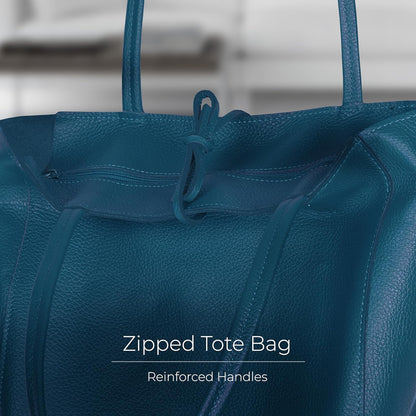 Italian Calf Leather Tote for Women with Zipper, Inner Pocket & Flat Base | Soft Unlined Shopper for Work & Travel