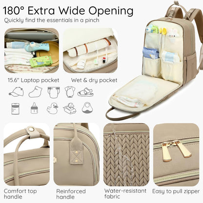 Diaper Bag Backpack - Large Multi functional, Boys, Girls & Baby Travel Essentials Tote with Changing Pad, Insulated Pockets, Stroller Straps, Waterproof - Diaper Bag for Mom & Maternity (Brown Taupe)