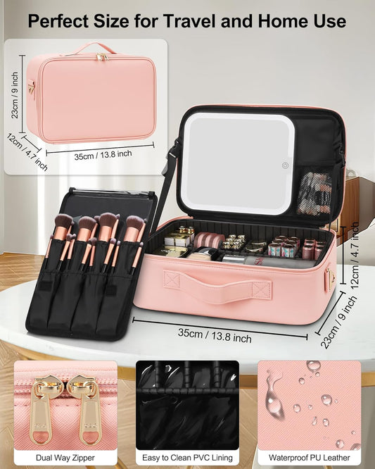 Chomeiu Makeup Bag with LED Mirror, Travel Cosmetic Train Case for Women, Makeup Artists Large Organizer Box with Vanity Light Up Mirror, 3 Color Lights, Adjustable Dividers & Shoulder Strap (Black)