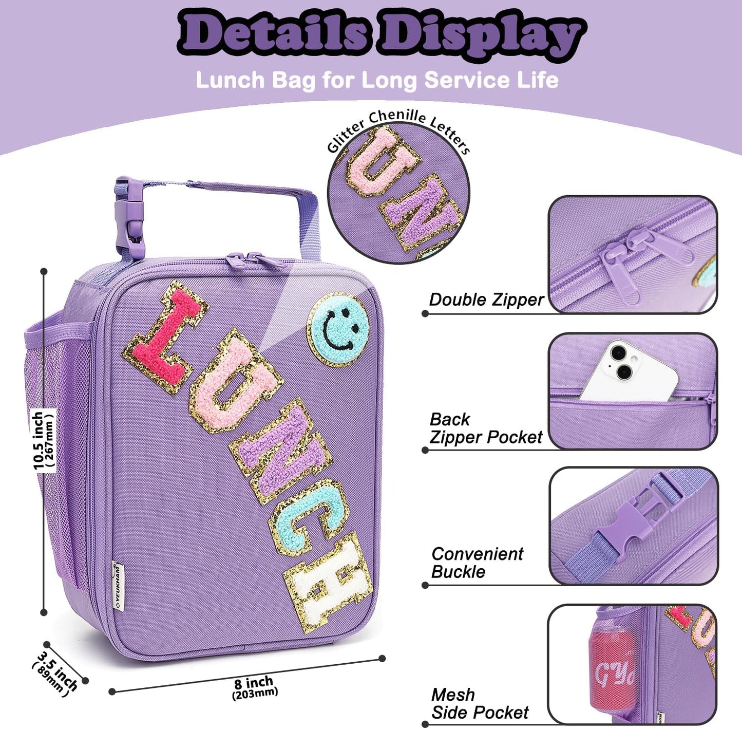 FlowFly Lunch box Insulated Soft Bag Mini Cooler Back to School Thermal Meal Tote Kit With Buckle and Mesh Side Pocket for Girls, Boys, PurpleWithLetter