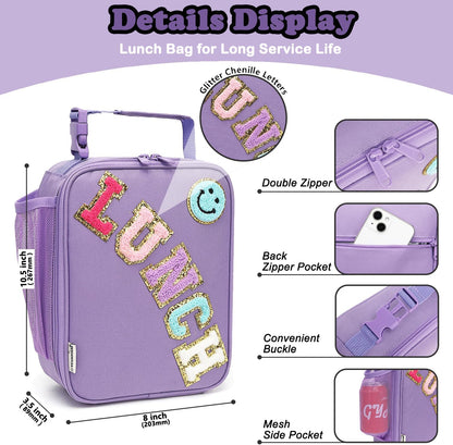 FlowFly Lunch box Insulated Soft Bag Mini Cooler Back to School Thermal Meal Tote Kit With Buckle and Mesh Side Pocket for Girls, Boys, PurpleWithLetter