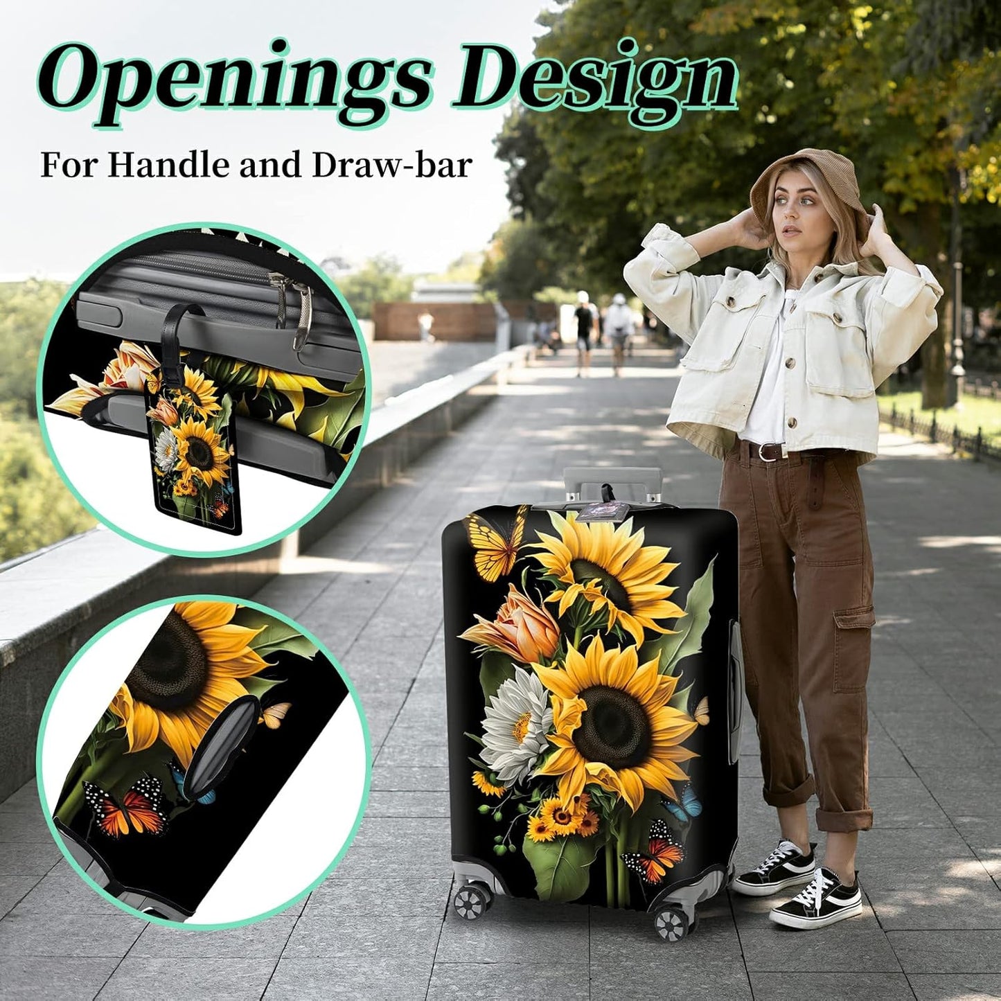 Suitcase Protector Plus 1 Luggage Tag, Sunflower Orchids Travel Suitcase Cover for 18-20 inch Luggage (S) with Concealed Zipper, Washable Elastic Cloth, Dustproof, Anti-Scratch