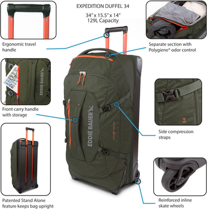 Eddie Bauer Expedition Rolling Duffel Bag with Wheels | Travel | Check-In | Luggage | Rugged | Durable - Dark Thyme, 34"