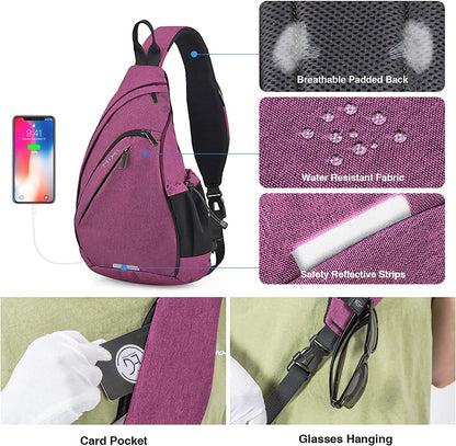 mixi Sling Bag Men Backpack Unisex One Shoulder Bag Hiking Travel Backpack Crossbody with USB Port for Men Women Versatile Casual Daypack-19 inch,Purple