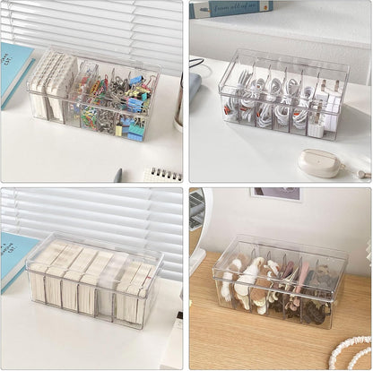 Yesesion Large Cord Organizer Box with Lid and 6 Compartments, 2 Pack Plastic Cable Storage Boxes with Wire Ties, Clear Desk Drawer Organizer for Phone Charger, Battery, Home Office Supplies