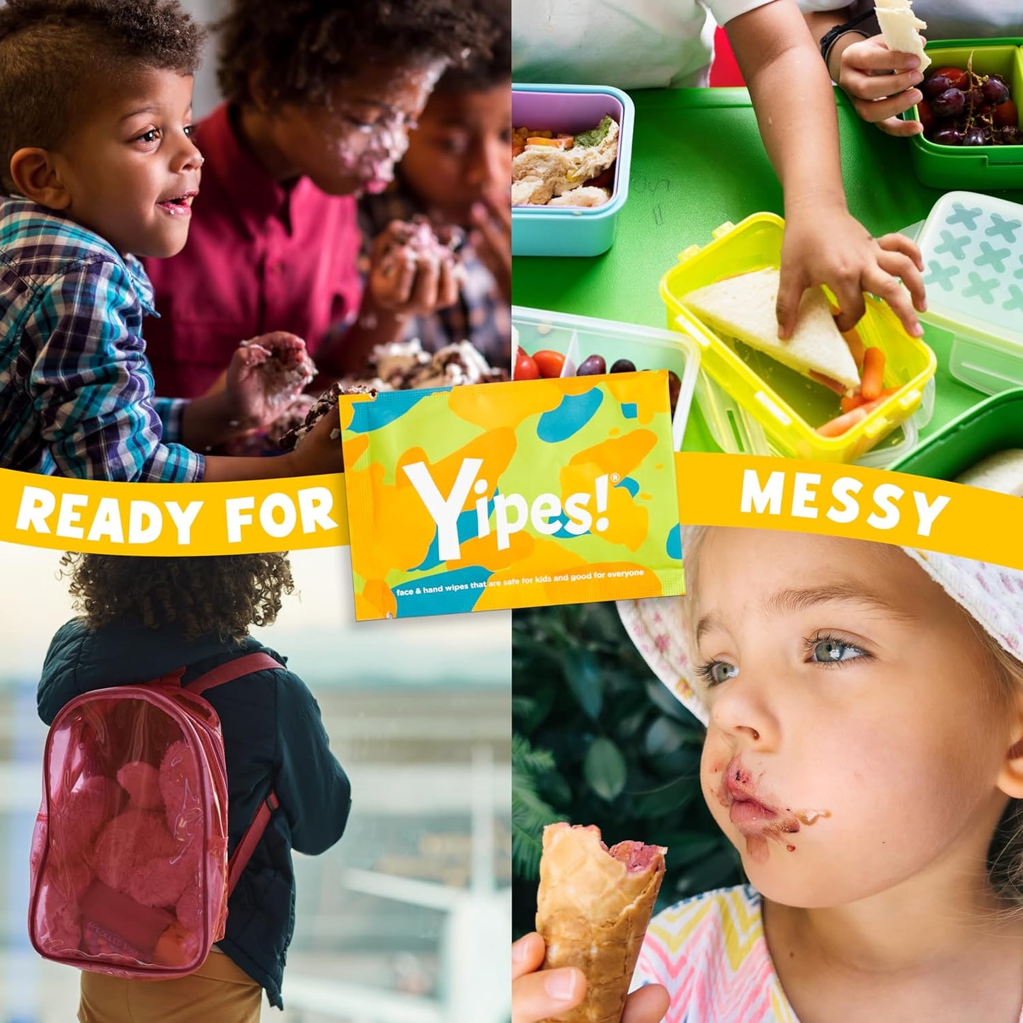 Yipes! Kids Face and Hand Wipes | Compostable Wet Wipes for Sensitive Skin | Individually Wrapped | Classroom Must Haves | Travel Essentials | For Backpacks, Lunchboxes, Classroom Supplies | 2 pack