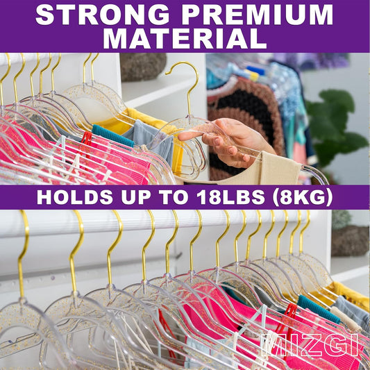 Premium Clear Invisible Acrylic Hangers,Crystal Plastic Hangers with Bling Gold Glitter 20 Pack Ultra Slim & Space Saving Suit Hangers for Coats, Pants & Dress Clothes
