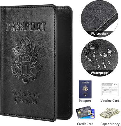 Eoehro Passport and Vaccine Card Holder Combo, Faux Leather, Compact, Lightweight, Waterproof, AA-Black