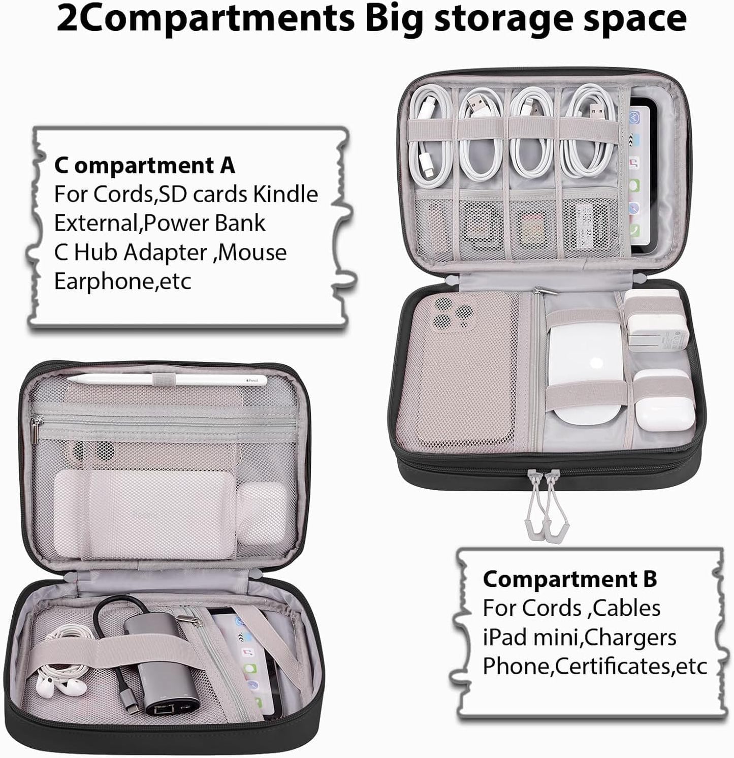 DDgro Travel Electronic Accessory Organizer for Keeping Cables Cords Chargers Phone Earphones SD Cards, Double Layers Storage Pouch Bag (Black, PU-Large)